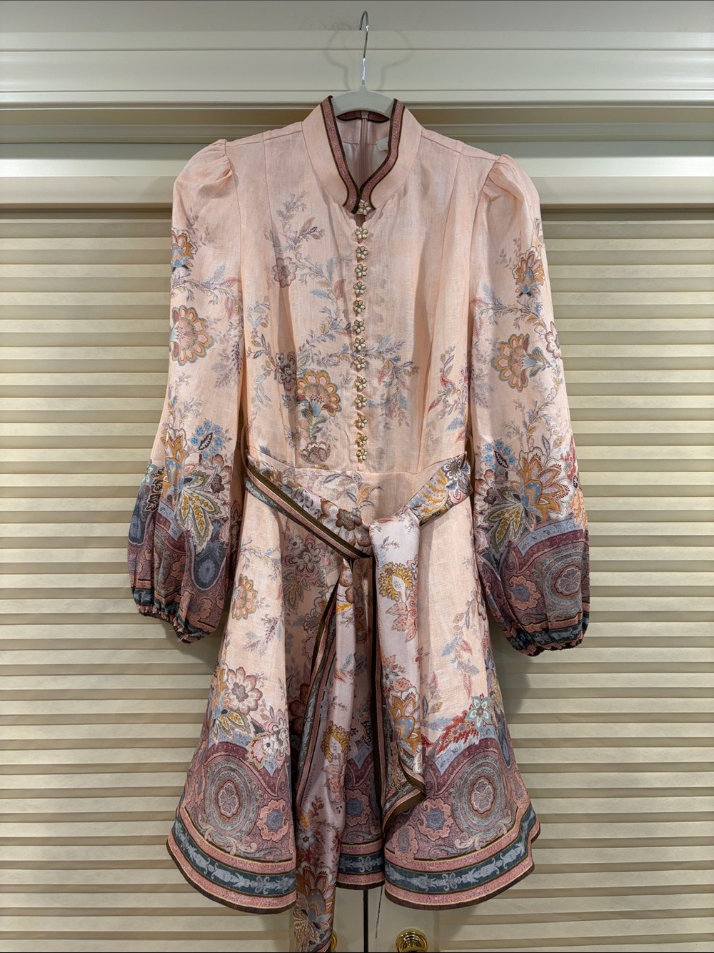 NWOT Zimmermann Peach Floral Tie-Waist Linen Mini Dress, Size AU 0/1/2/3
